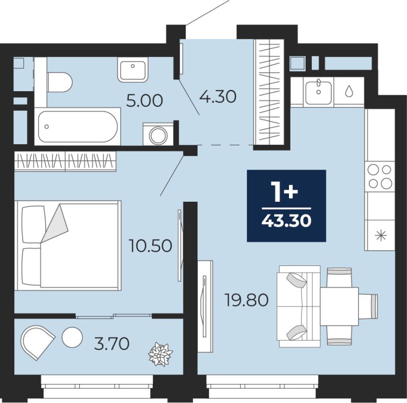 Планировка 1-комн. квартира, 43.3 м² — ЖК «Прео»