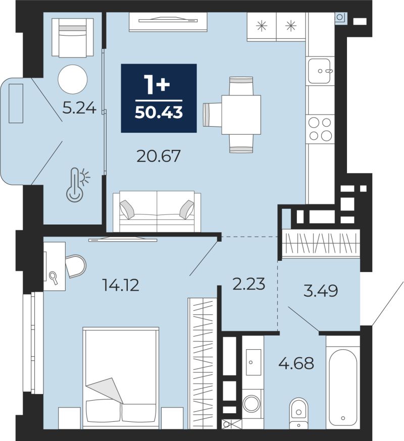 Планировка 1-комн. квартира, 50.4 м² — ЖК «Прео»