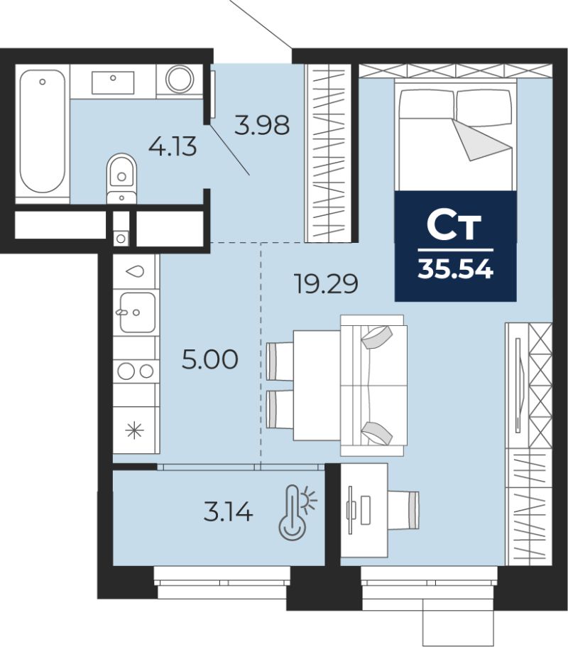 Планировка 1-комн. квартира, 35.5 м² — ЖК «Прео»