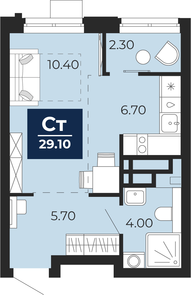 Планировка 1-комн. квартира, 29.1 м² — ЖК «Прео»