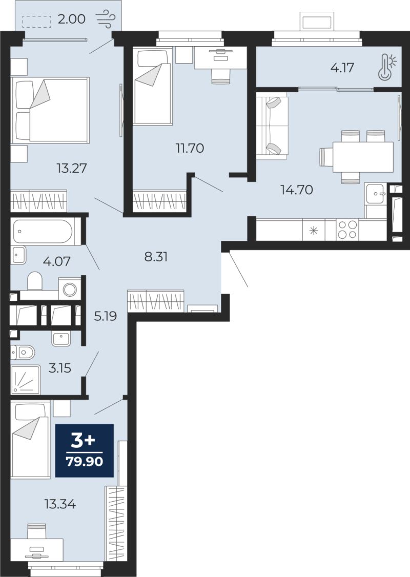 Планировка 3-комн. квартира, 79.9 м² — ЖК «Прео»