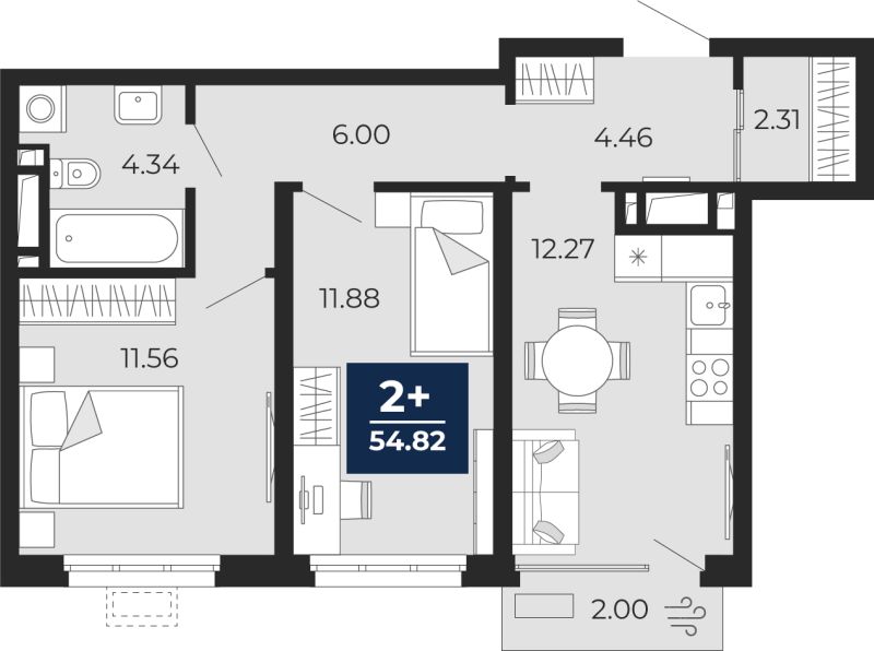 Планировка 2-комн. квартира, 54.8 м² — ЖК «Прео»