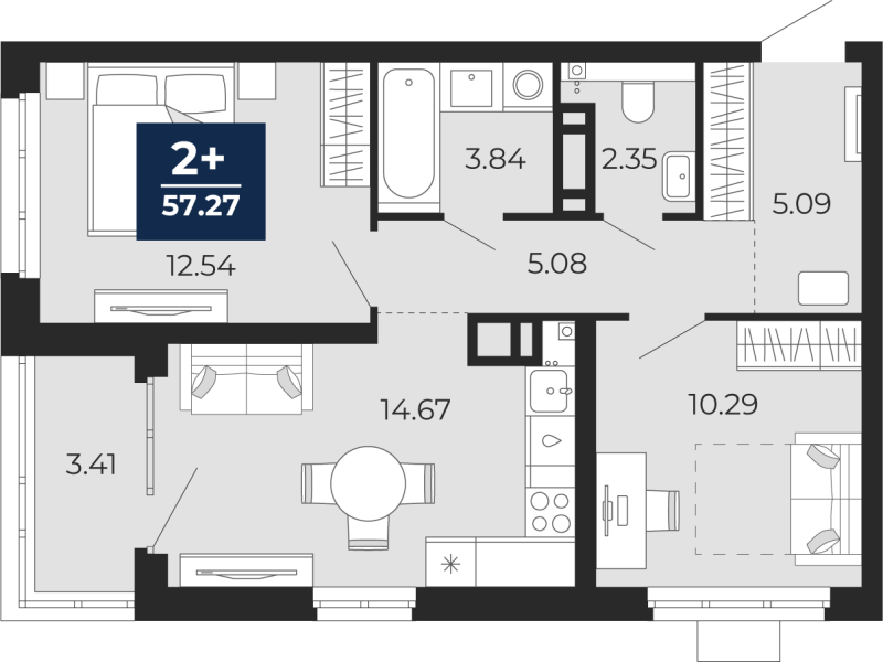 Планировка 2-комн. квартира, 57.3 м² — ЖК «Прео»