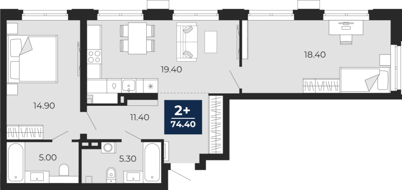 Планировка 2-комн. квартира, 74.4 м² — ЖК «Прео»