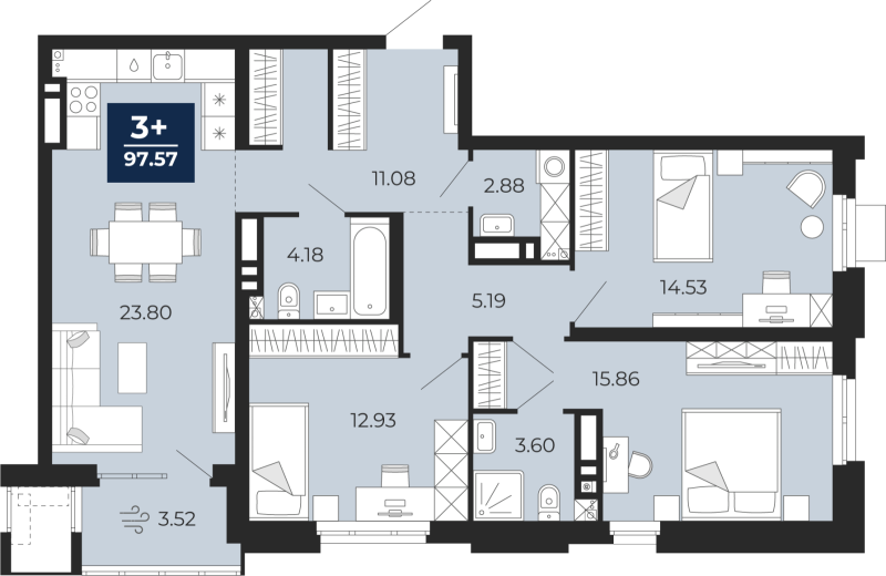 Планировка 3-комн. квартира, 97.9 м² — ЖК «Прео»
