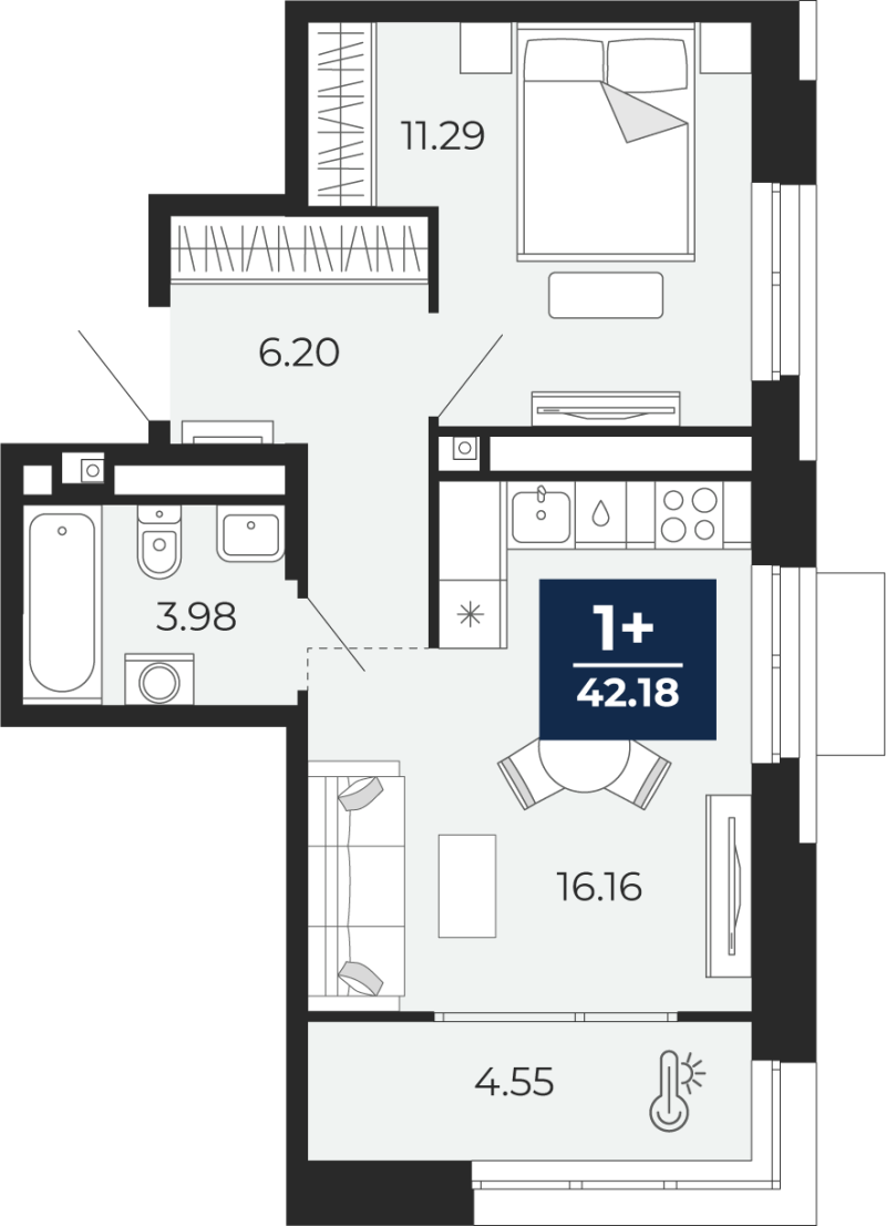 Планировка 1-комн. квартира, 42.2 м² — ЖК «Прео»