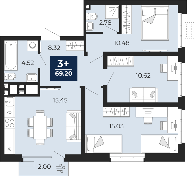 Планировка 3-комн. квартира, 69.2 м² — ЖК «Прео»