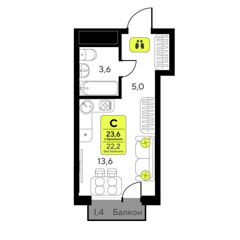 Планировка Студия, 23.6 м² — ЖК «Мотивы»
