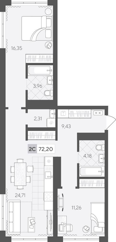 Планировка 2-комн. квартира, 72.2 м² — ЖК «Скандиа. Квартал у Леса в Комарово Парк»