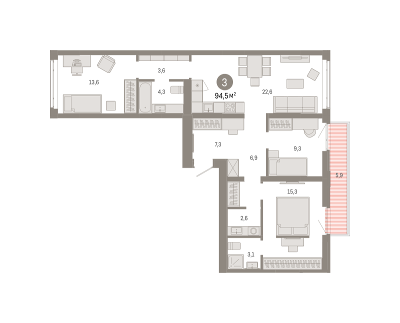 Планировка 3-комн. квартира, 94.5 м² — ЖК «Республики 205»