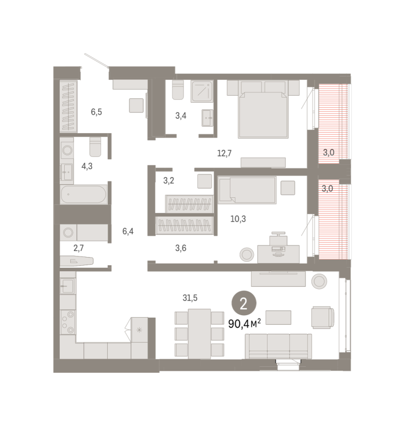 Планировка 2-комн. квартира, 90.4 м² — ЖК «Республики 205»