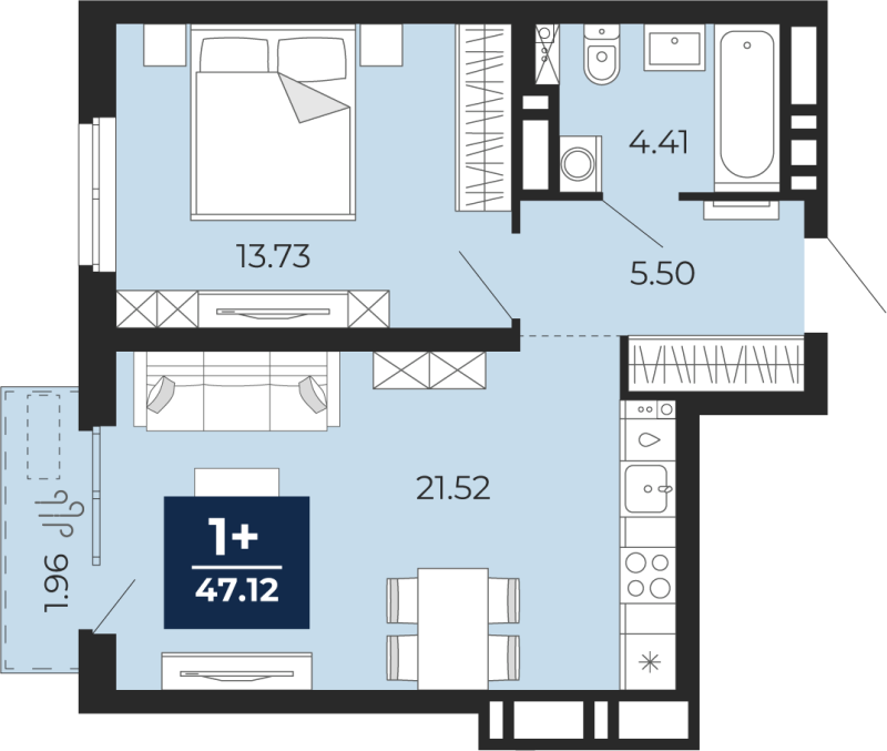 Планировка 1-комн. квартира, 46.6 м² — ЖК «Мириады»