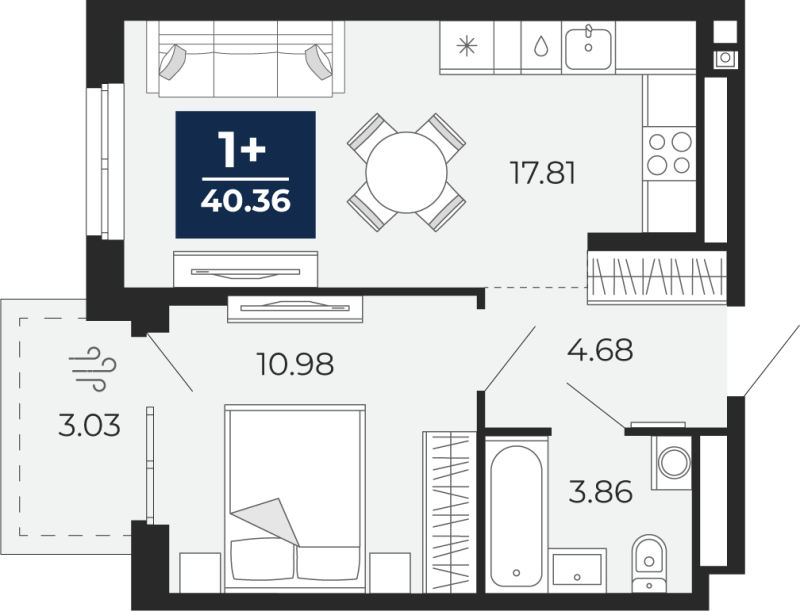 Планировка 1-комн. квартира, 40.4 м² — ЖК «Мириады»