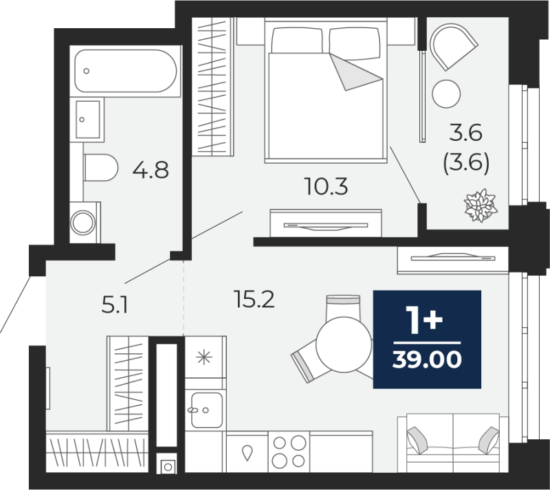 Планировка 1-комн. квартира, 39 м² — ЖК «Мириады»