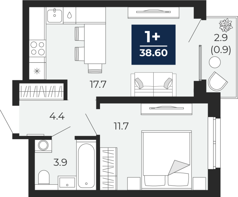 Планировка 1-комн. квартира, 40.6 м² — ЖК «Мириады»