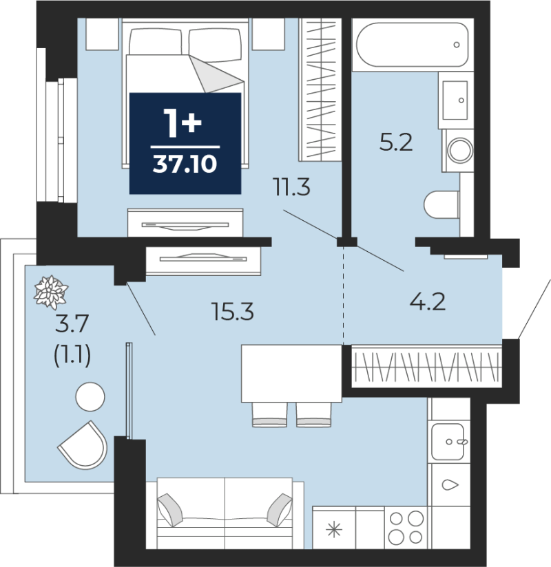 Планировка 1-комн. квартира, 39.7 м² — ЖК «Мириады»