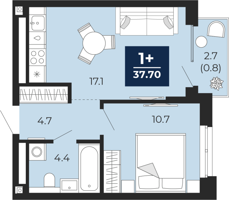 Планировка 1-комн. квартира, 39.6 м² — ЖК «Мириады»