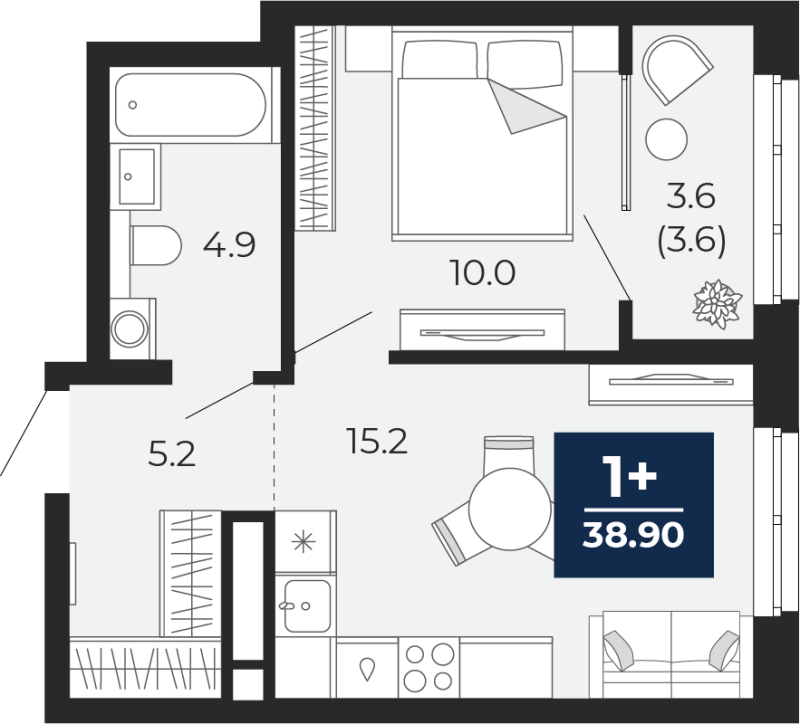Планировка 1-комн. квартира, 38.9 м² — ЖК «Мириады»