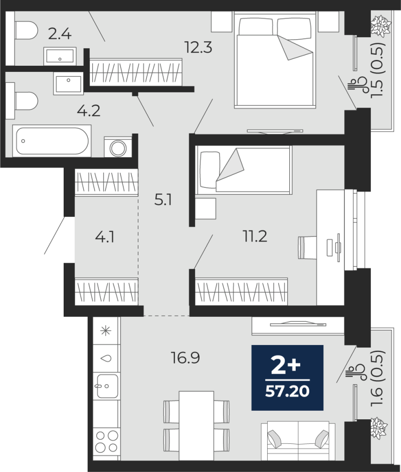 Планировка 2-комн. квартира, 59.3 м² — ЖК «Мириады»