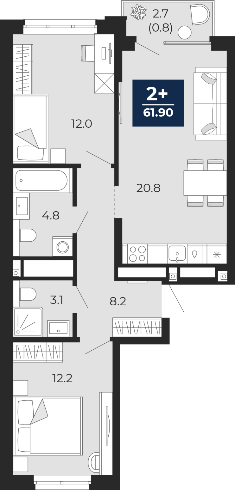Планировка 2-комн. квартира, 63.8 м² — ЖК «Мириады»