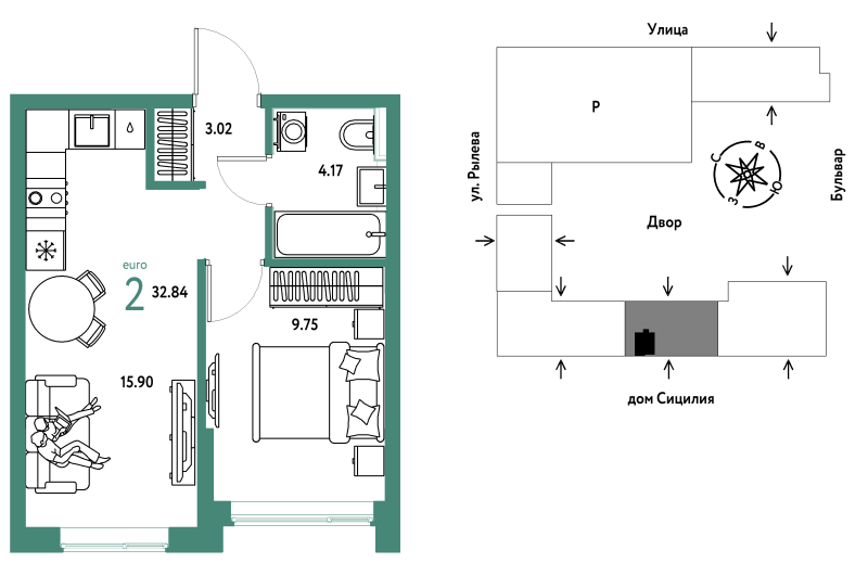 Планировка 2-комн. квартира, 32.8 м² — ЖК «Остров-сад»