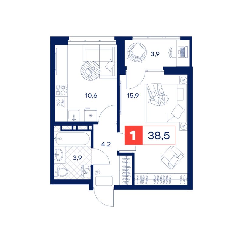 Планировка 1-комн. квартира, 38.5 м² — ЖК «Дом Нойферта»