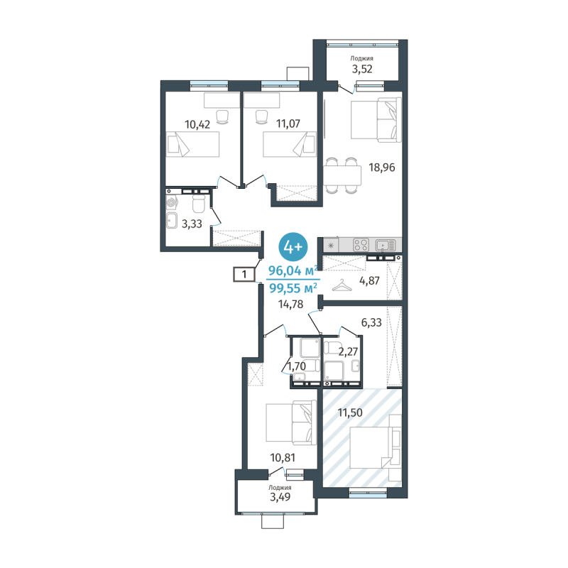 Планировка 4-комн. квартира, 97.8 м² — ЖК «Гринвуд»