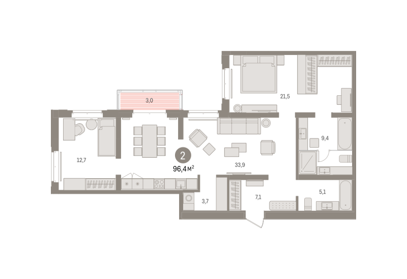 Планировка 2-комн. квартира, 96.4 м² — ЖК «Кварталы «На Минской»»