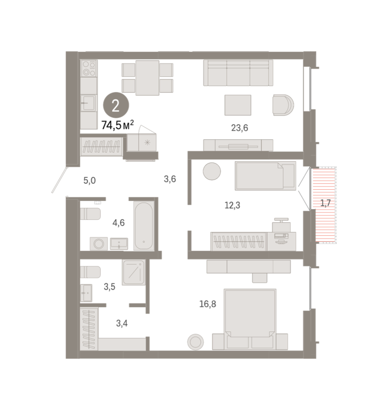 Планировка 2-комн. квартира, 74.5 м² — ЖК «Республики 205»