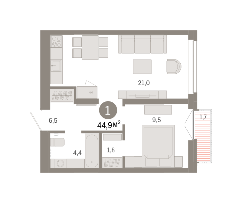 Планировка 1-комн. квартира, 44.9 м² — ЖК «Республики 205»