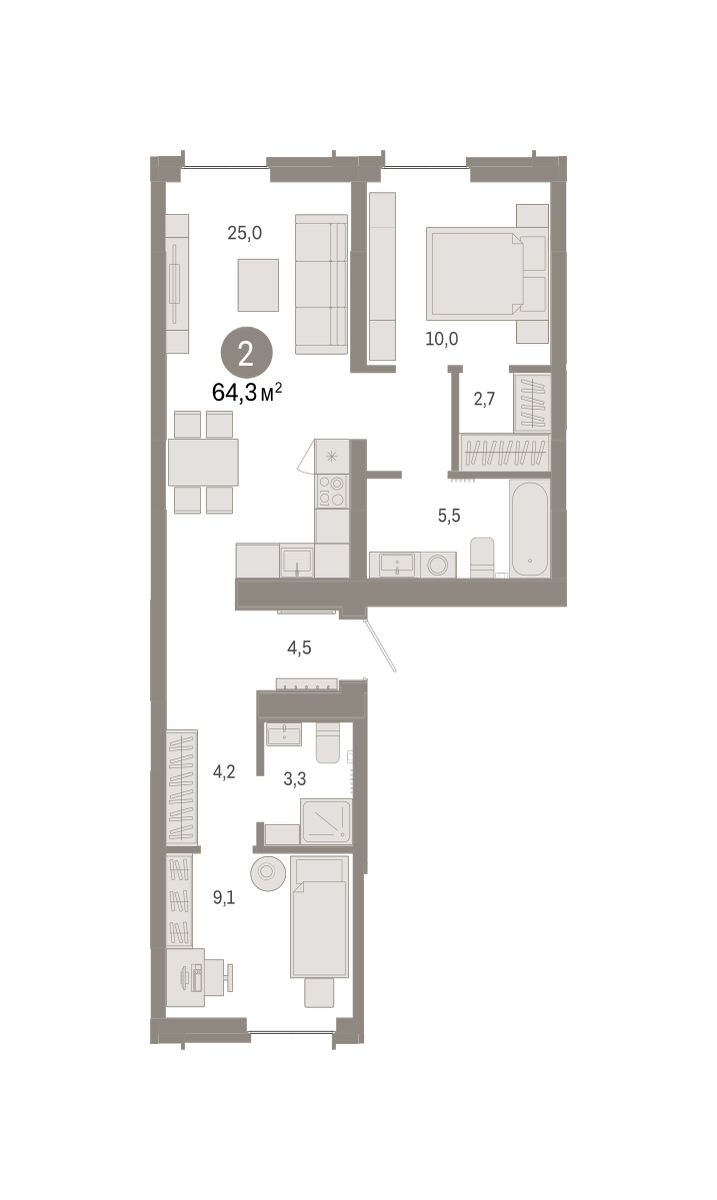 Планировка 2-комн. квартира, 64.3 м² — ЖК «Республики 205»