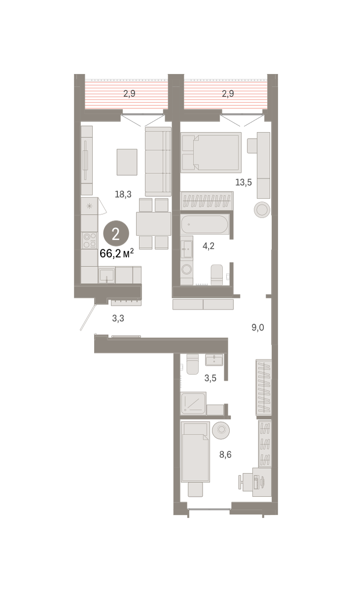 Планировка 2-комн. квартира, 66.2 м² — ЖК «Республики 205»