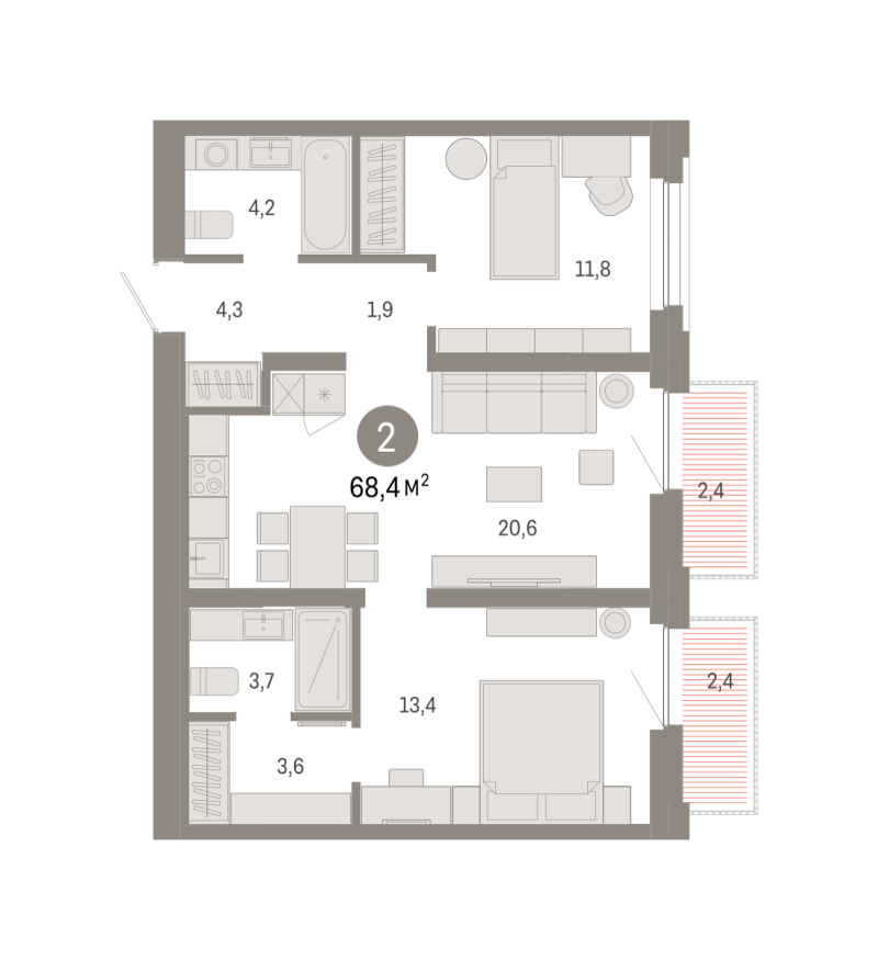 Планировка 2-комн. квартира, 68.3 м² — ЖК «Зарека»