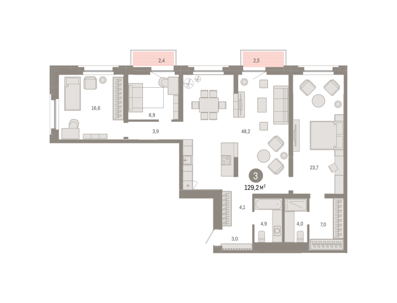 Планировка 3-комн. квартира, 129.2 м² — ЖК «Зарека»