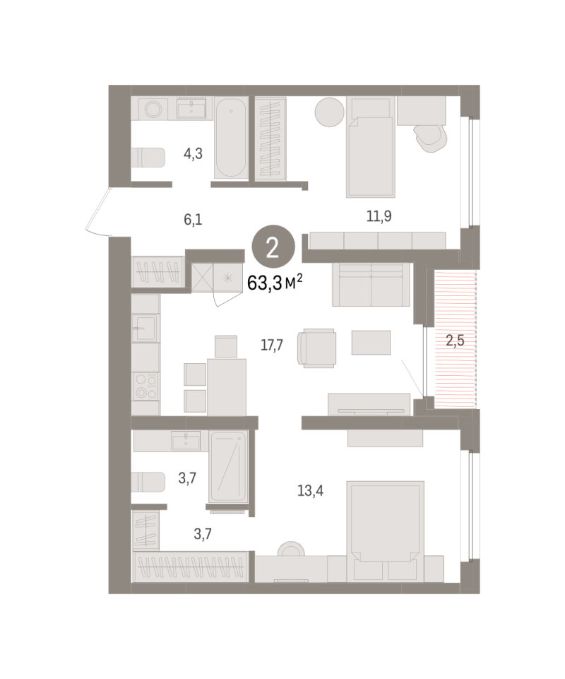 Планировка 2-комн. квартира, 63.3 м² — ЖК «Зарека»