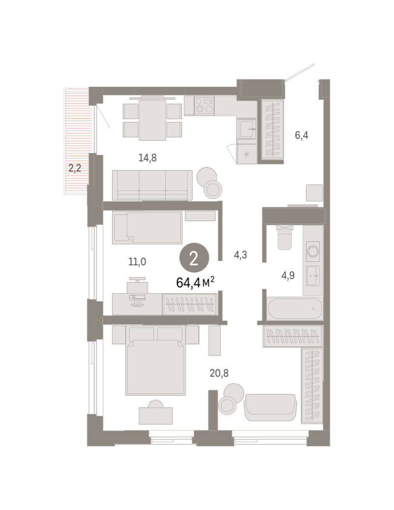 Планировка 2-комн. квартира, 64.4 м² — ЖК «Зарека»