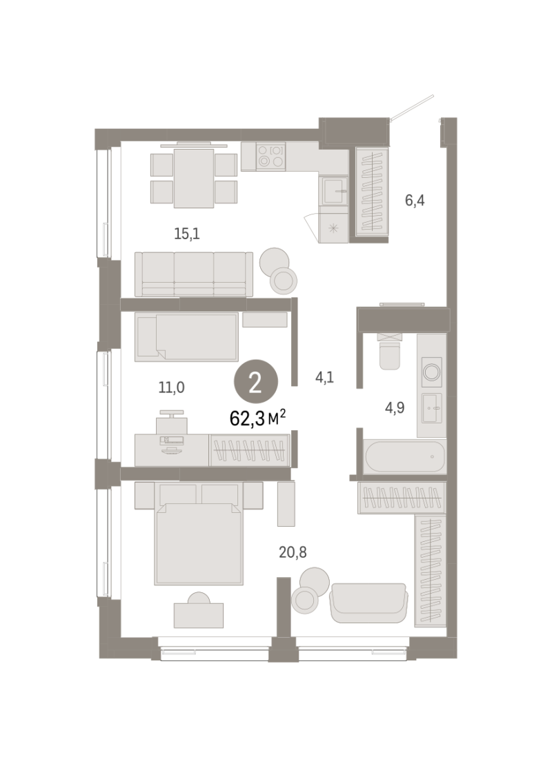 Планировка 2-комн. квартира, 62.3 м² — ЖК «Зарека»