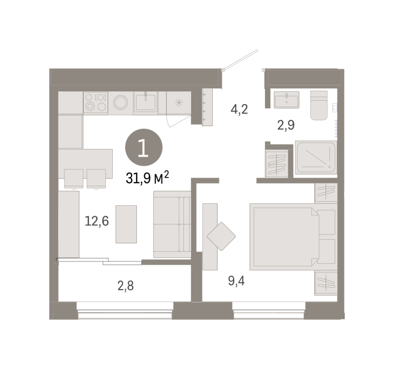 Планировка 1-комн. квартира, 31.9 м² — ЖК «Октябрьский на Туре»