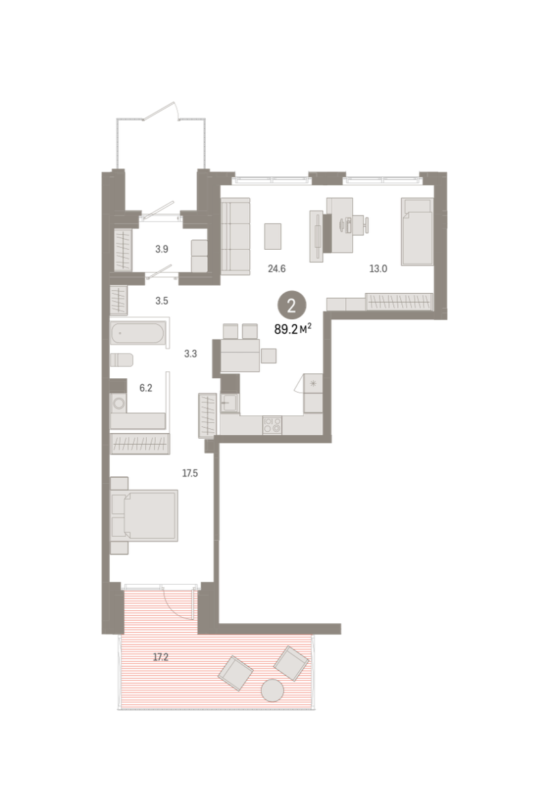 Планировка 2-комн. квартира, 89.2 м² — ЖК «Октябрьский на Туре»