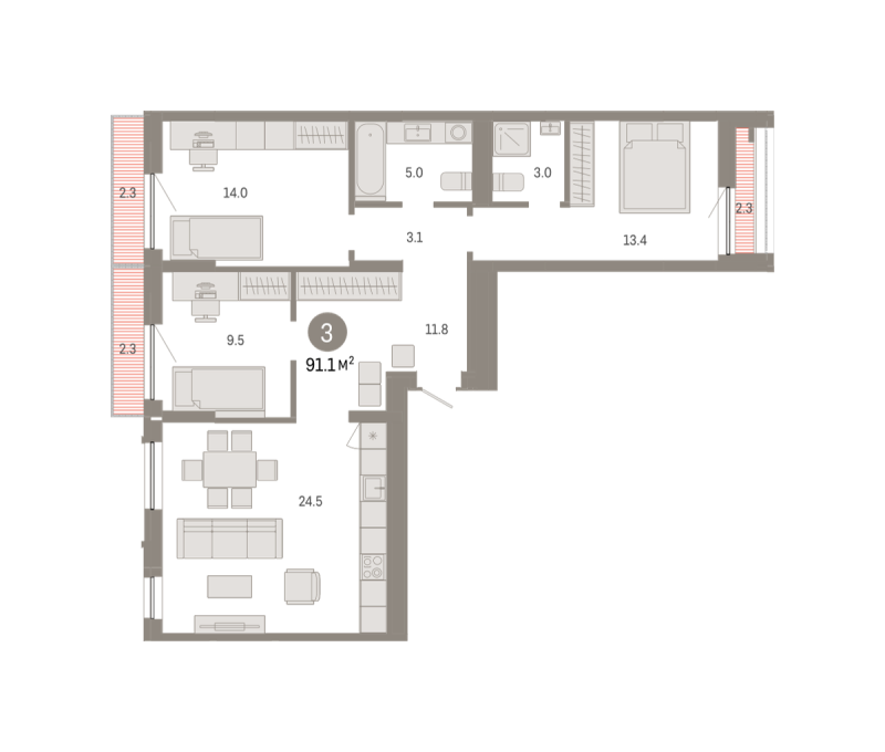 Планировка 3-комн. квартира, 91.1 м² — ЖК «Октябрьский на Туре»
