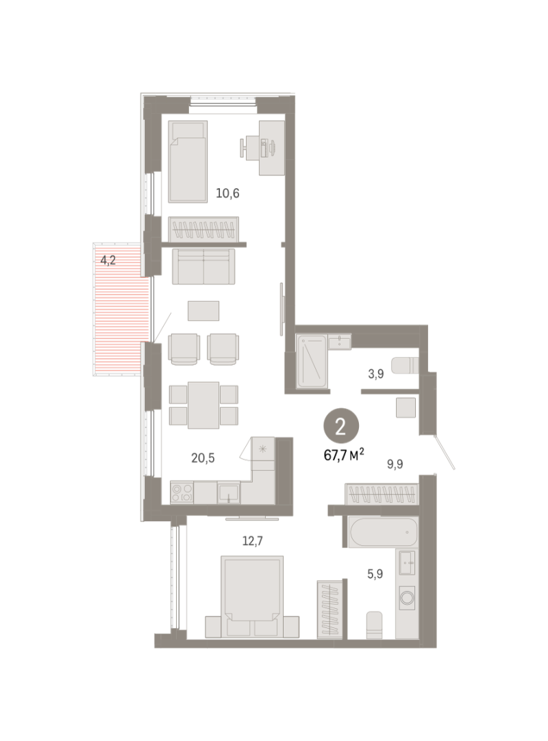 Планировка 2-комн. квартира, 67.7 м² — ЖК «Октябрьский на Туре»