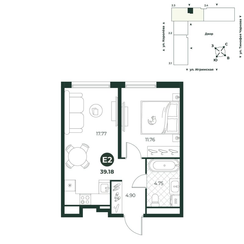 Планировка 2-комн. квартира, 39.2 м² — ЖК «Игрим»
