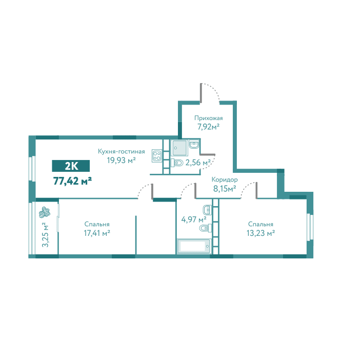 Планировка 2-комн. квартира, 77.4 м² — ЖК «Акватория»