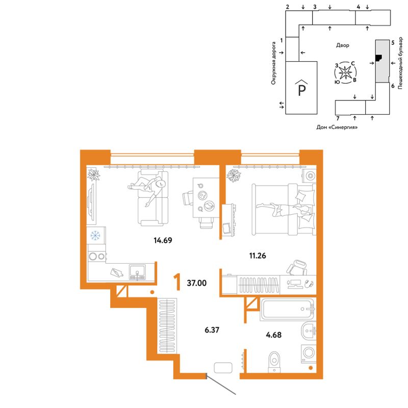 Планировка 1-комн. квартира, 37 м² — ЖК «Юнион»