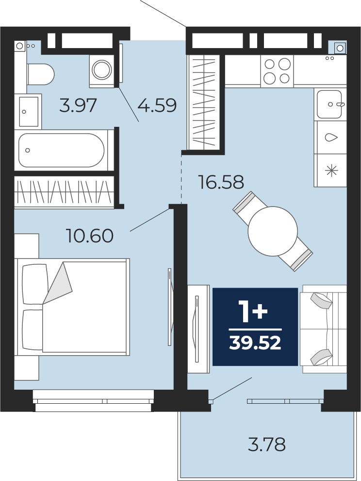 Планировка 1-комн. квартира, 39.5 м² — ЖК «Мириады»