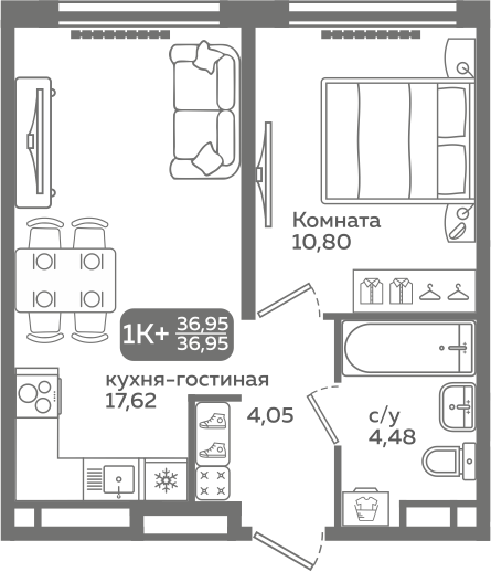 Планировка 1-комн. квартира, 37 м² — ЖК «Меридиан Слобода»