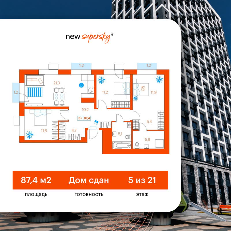 Планировка 3-комн. квартира, 87.4 м² — ЖК «SuperSky»