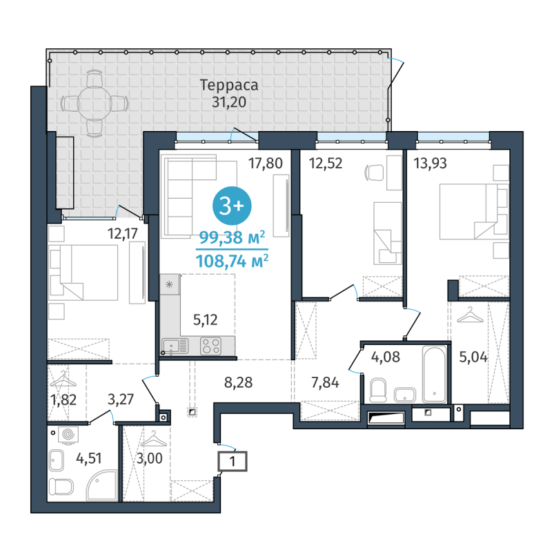 Планировка 3-комн. квартира, 99.4 м² — ЖК «Этика»