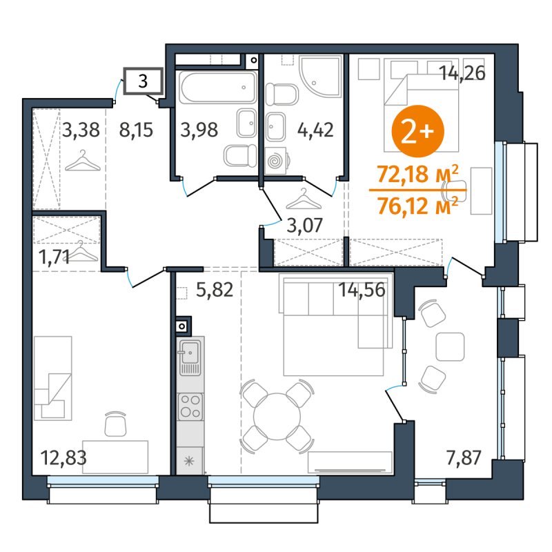 Планировка 2-комн. квартира, 72.2 м² — ЖК «Этика»