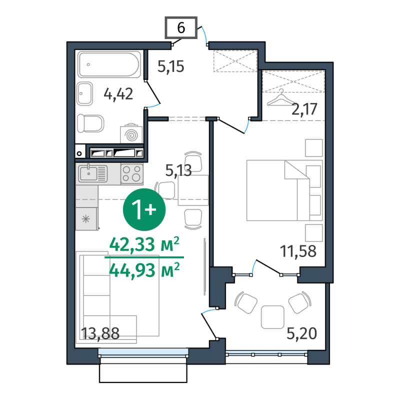 Планировка 1-комн. квартира, 42.3 м² — ЖК «Этика»